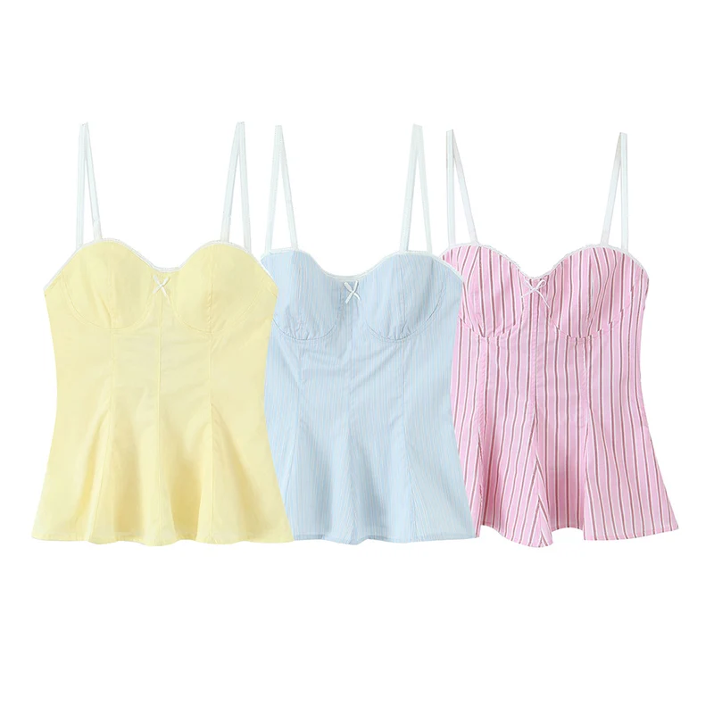 kf-S1b143ca46358431fb2e0d76d72749fedo Willshela Women Fashion With Bow Striped Backless Side Zipper Tops Vintage Thin Straps V-Neck Female Chic Lady Camis - Image 1