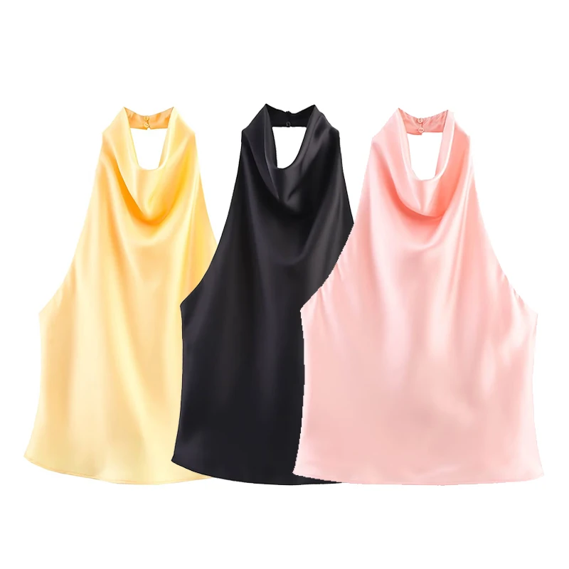 kf-S33b43abec5a5460ab4661607019b5bdaQ Willshela Women Fashion Satin Solid Backless Pleated Tops Vintage Halter Neck Sleeveless Female Chic Lady Tops - Image 1