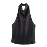 Willshela Women Fashion Satin Solid Backless Pleated Tops Vintage Halter Neck Sleeveless Female Chic Lady Tops - Image 4