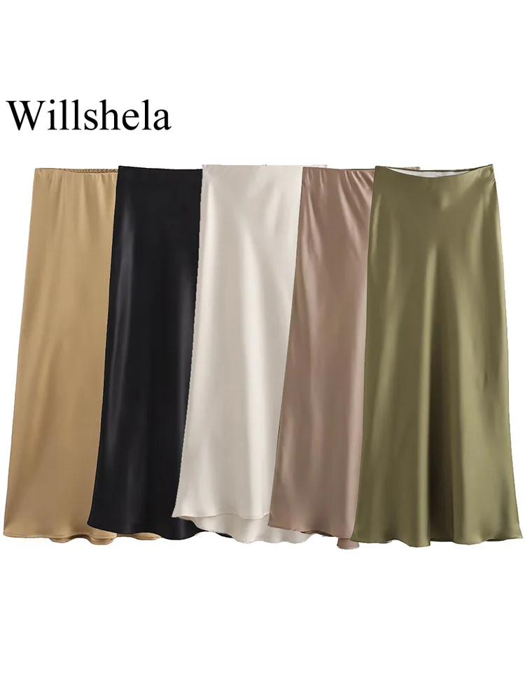 kf-S568f0b34c5e6476ca53122bc8c77a599T Willshela Women Fashion Satin Solid Pleated Midi Skirt Vintage Mid Elastic Waist Female Chic Lady Skirts - Image 1