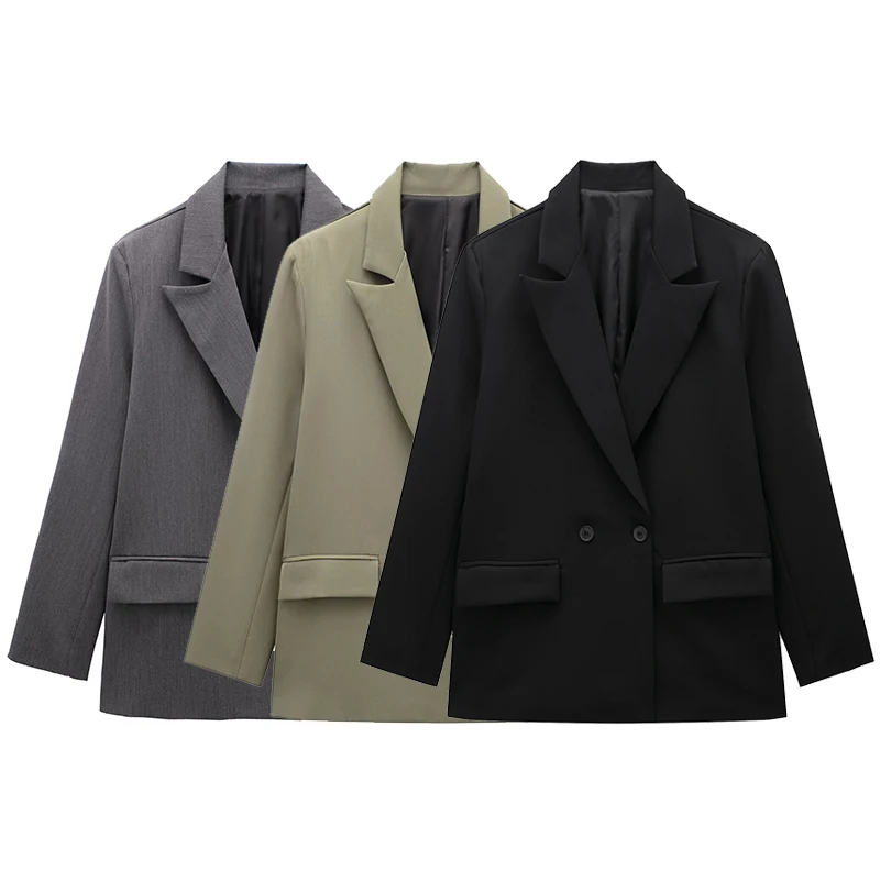 kf-S5b15c8f106d6441f9cf7d4805bf77749e Willshela Women Fashion With Pockets Solid Double Breasted Blazer Vintage Long Sleeves Notched Neck Female Office Lady Outfits - Image 1