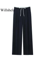 Willshela Women Fashion Solid Lace Up Side Zipper Straight Pants Vintage High Elastic Waist Female Chic Lady Trousers - Image 4