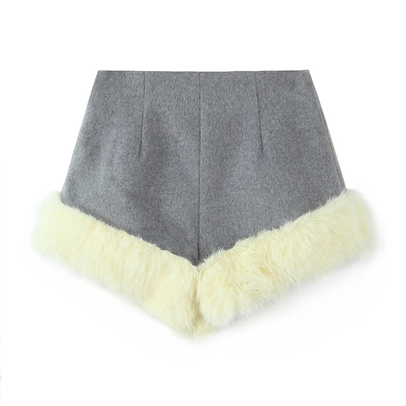kf-S700e78b50ef24517aeec292a4f45bc73b Willshela Women Fashion Faux Fur Grey Side Zipper Mini Shorts Vintage High Elastic Waist Female Chic Lady Shorts - Image 1