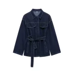 Willshela Women Fashion With Belt Denim Blue Single Breasted Jackets Vintage Lapel Neck Long Sleeves Female Chic Lady Outfits