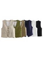 Willshela Women Fashion Solid Single Breasted Vest Waistcoat Vintage V-Neck Sleeveless Female Chic Lady Tank Tops