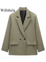 Willshela Women Fashion With Pockets Solid Double Breasted Blazer Vintage Long Sleeves Notched Neck Female Office Lady Outfits - Image 3