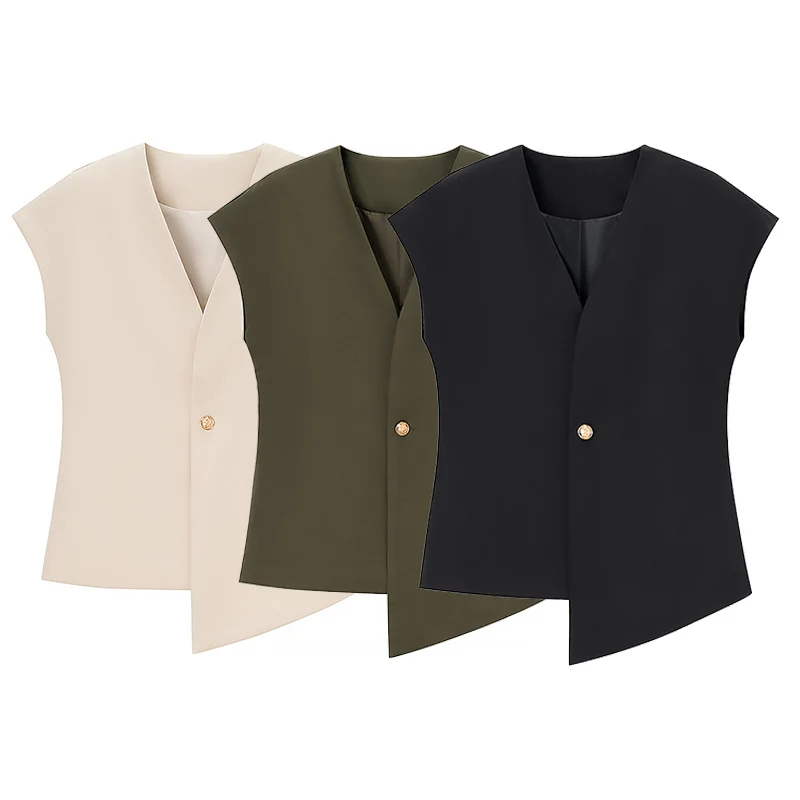 kf-Sc864b33c16ac4dc99e8627e83efddfe75 Willshela Women Fashion Solid Single Button Sleeveless Jacket Vintage V-Neck Vest Female Office Lady Waistcoats - Image 1
