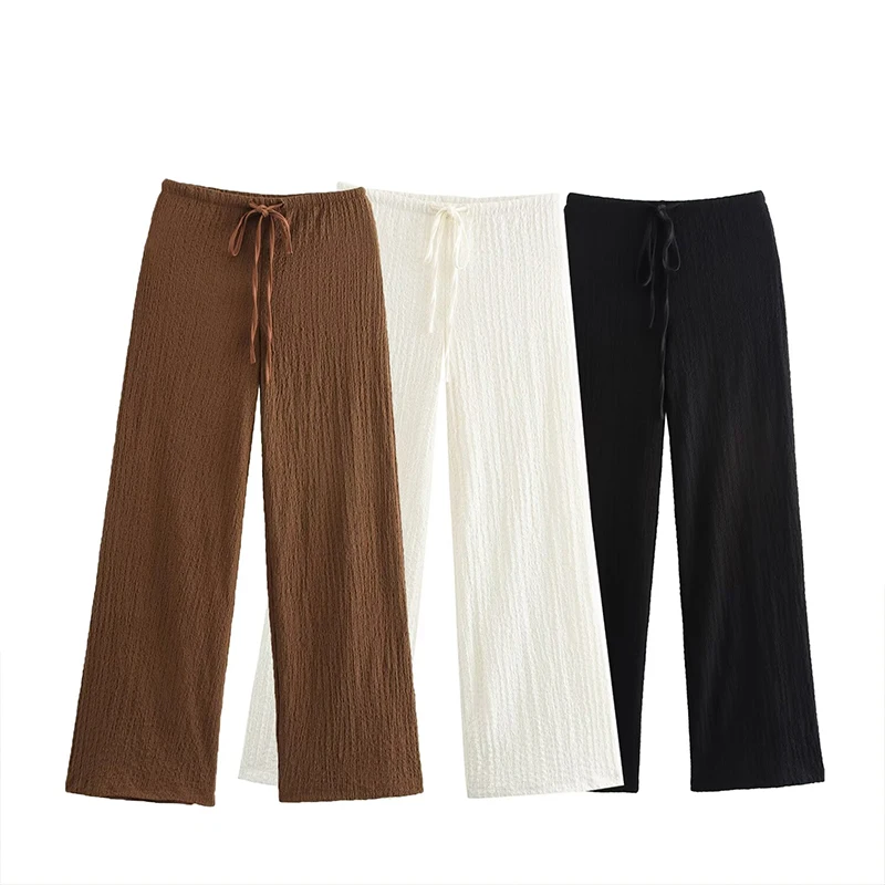 kf-Sd7b082f815eb4208b88f4dd7c5f99275R Willshela Women Fashion Texture Solid Drawstring Straight Pants Vintage High Elastic Waist Full Length Female Chic Lady Trousers - Image 1