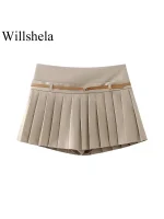 Willshela Women Fashion With Belt Solid Pleated Side Zipper Mini Skirts Shorts Vintage High Waist Female Chic Lady Shorts - Image 2