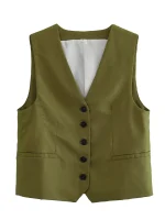 Willshela Women Fashion Solid Single Breasted Vest Waistcoat Vintage V-Neck Sleeveless Female Chic Lady Tank Tops - Image 2